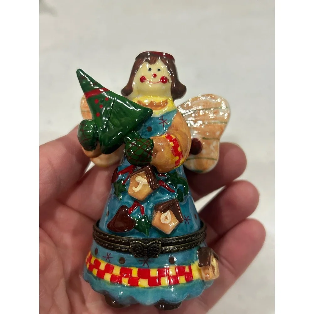 Christmas Angel Hinged Trinket Box Ceramic Hand Painted Holiday Figurine fun